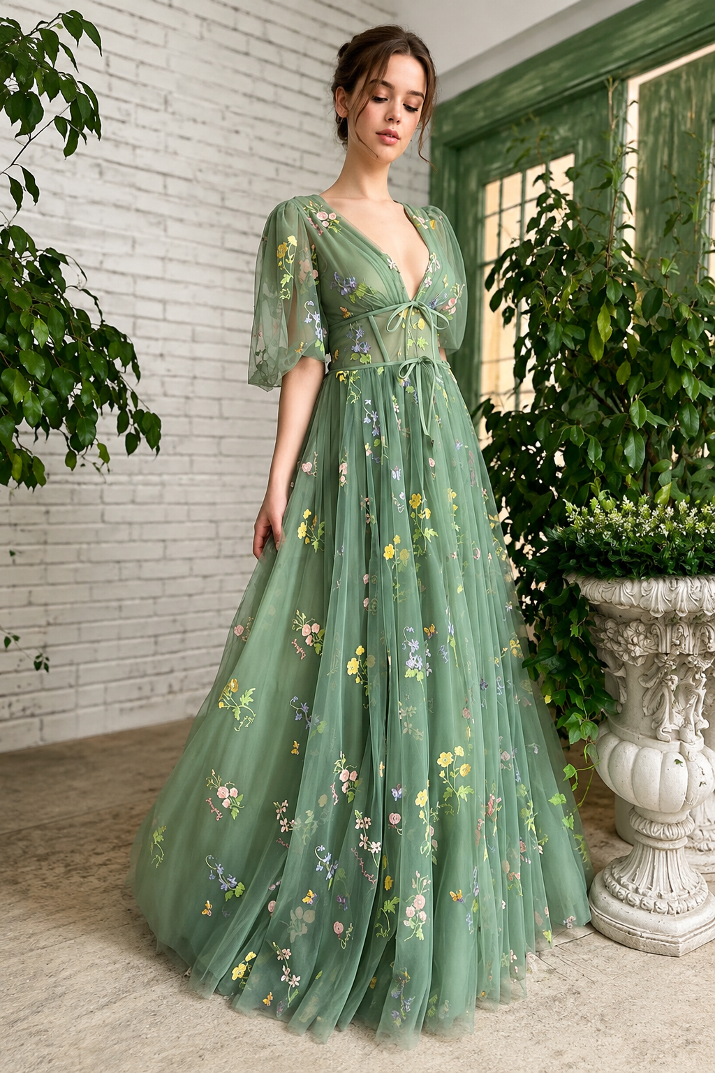 Green Short-Sleeve Floral Formal Dress