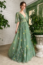 Green Short-Sleeve Floral Formal Dress