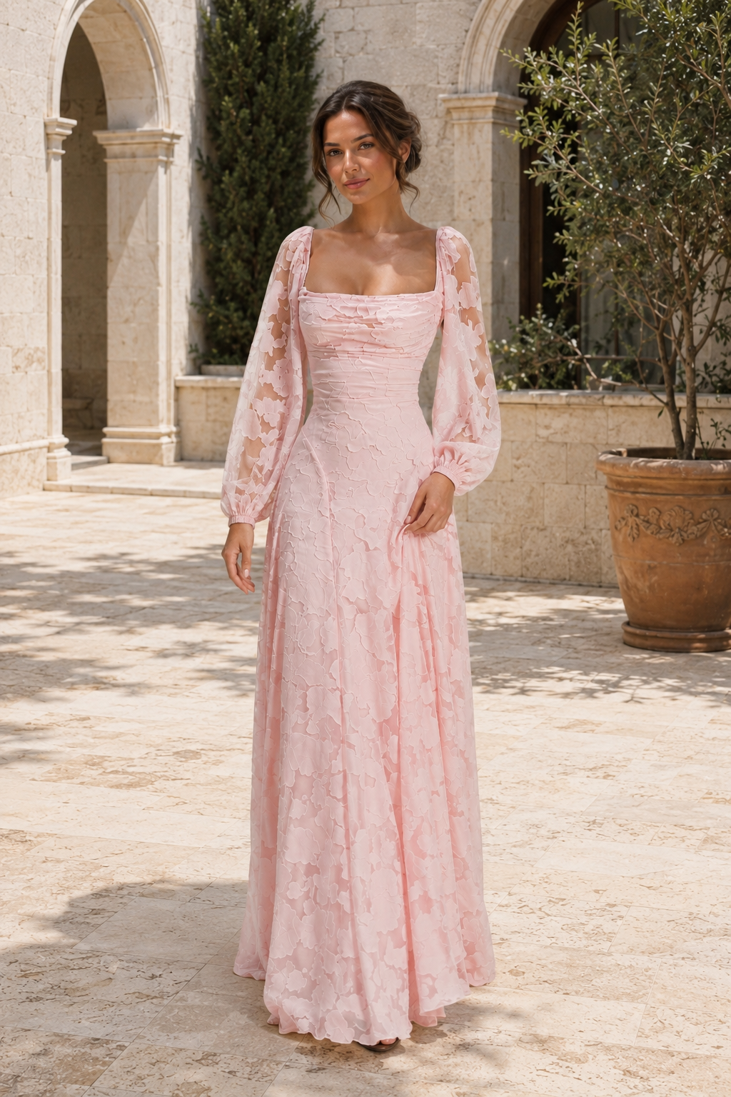 Pink Floral Appliqué Square-Neck A-Line Gown