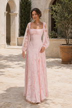 Pink Floral Appliqué Square-Neck A-Line Gown