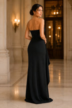 Strapless Ruched High-Slit Column Evening Gown