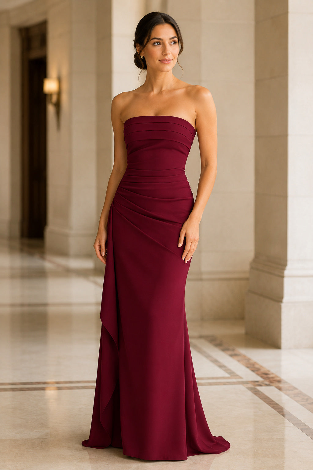 Strapless Ruched High-Slit Column Evening Gown