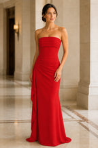 Strapless Ruched High-Slit Column Evening Gown