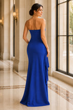 Strapless Ruched High-Slit Column Evening Gown
