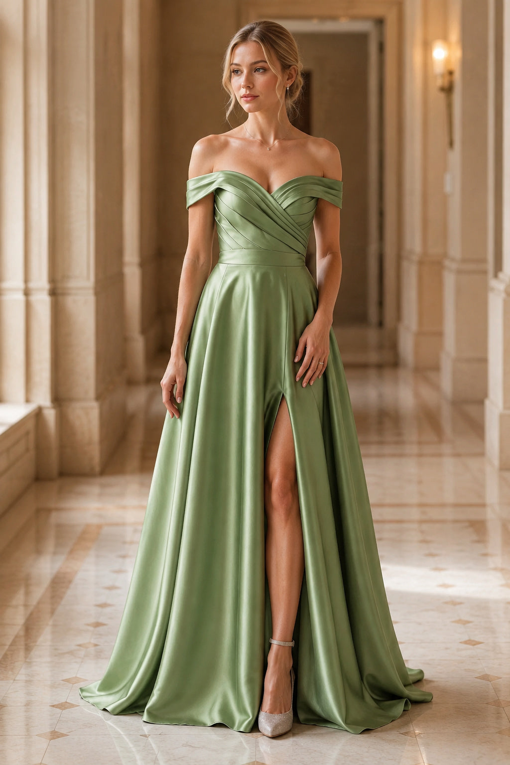 Off-Shoulder Pleated Satin A-Line Evening Gown