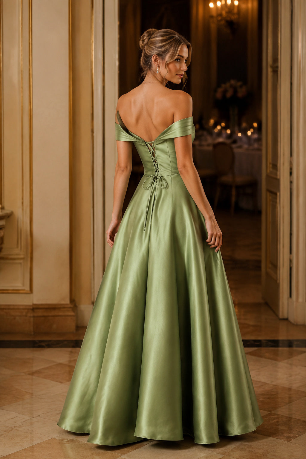Off-Shoulder Pleated Satin A-Line Evening Gown