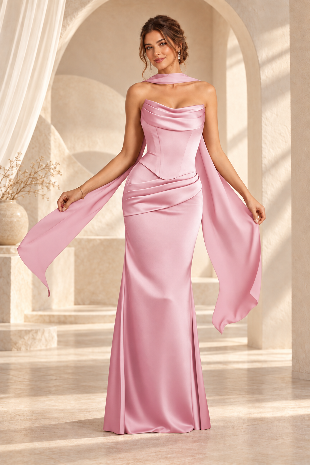 Front view of the blush pink strapless draped floor-length evening gown