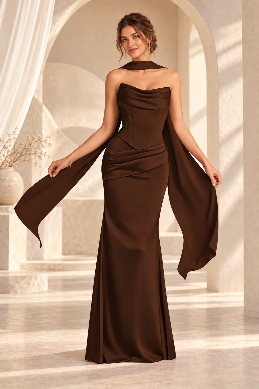 Front view of the brown strapless draped floor-length evening gown