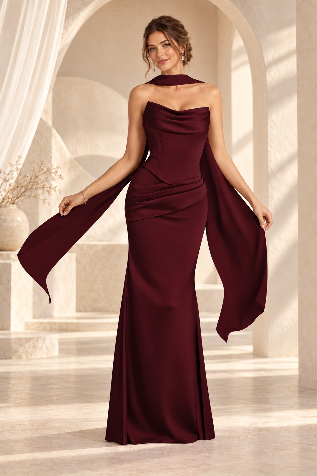 Front view of the burgundy strapless draped floor-length evening gown
