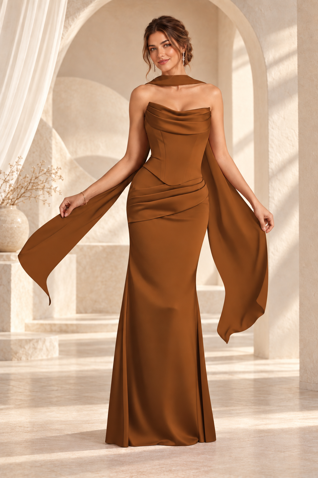 Front view of the caramel strapless draped floor-length evening gown