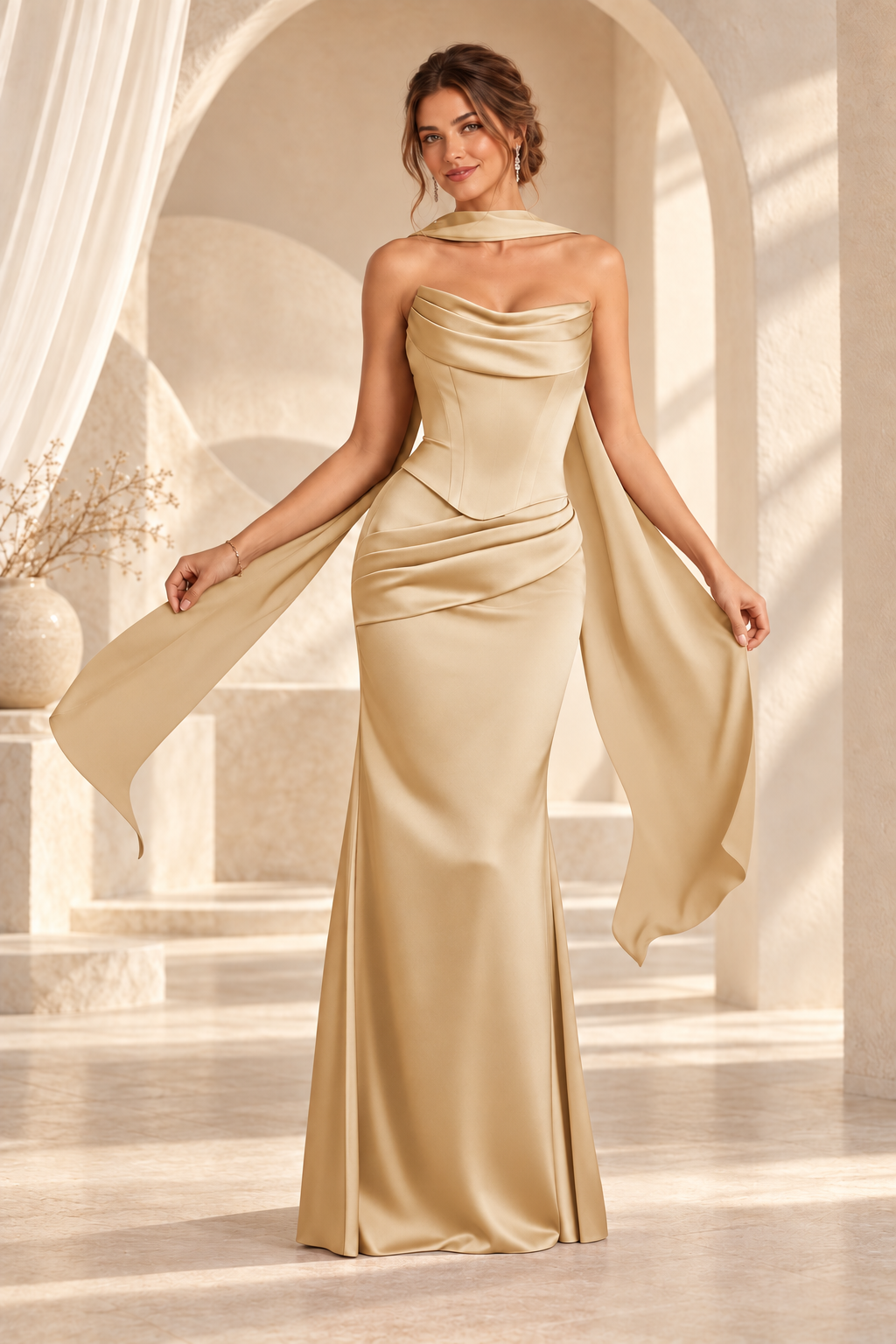 Front view of the champagne strapless draped floor-length evening gown