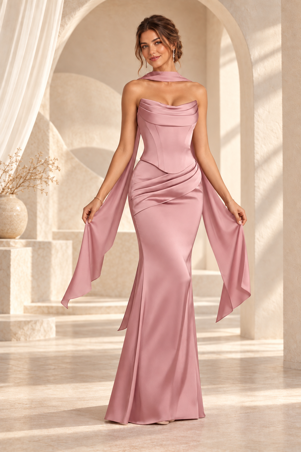 Front view of the dusty rose strapless draped floor-length evening gown