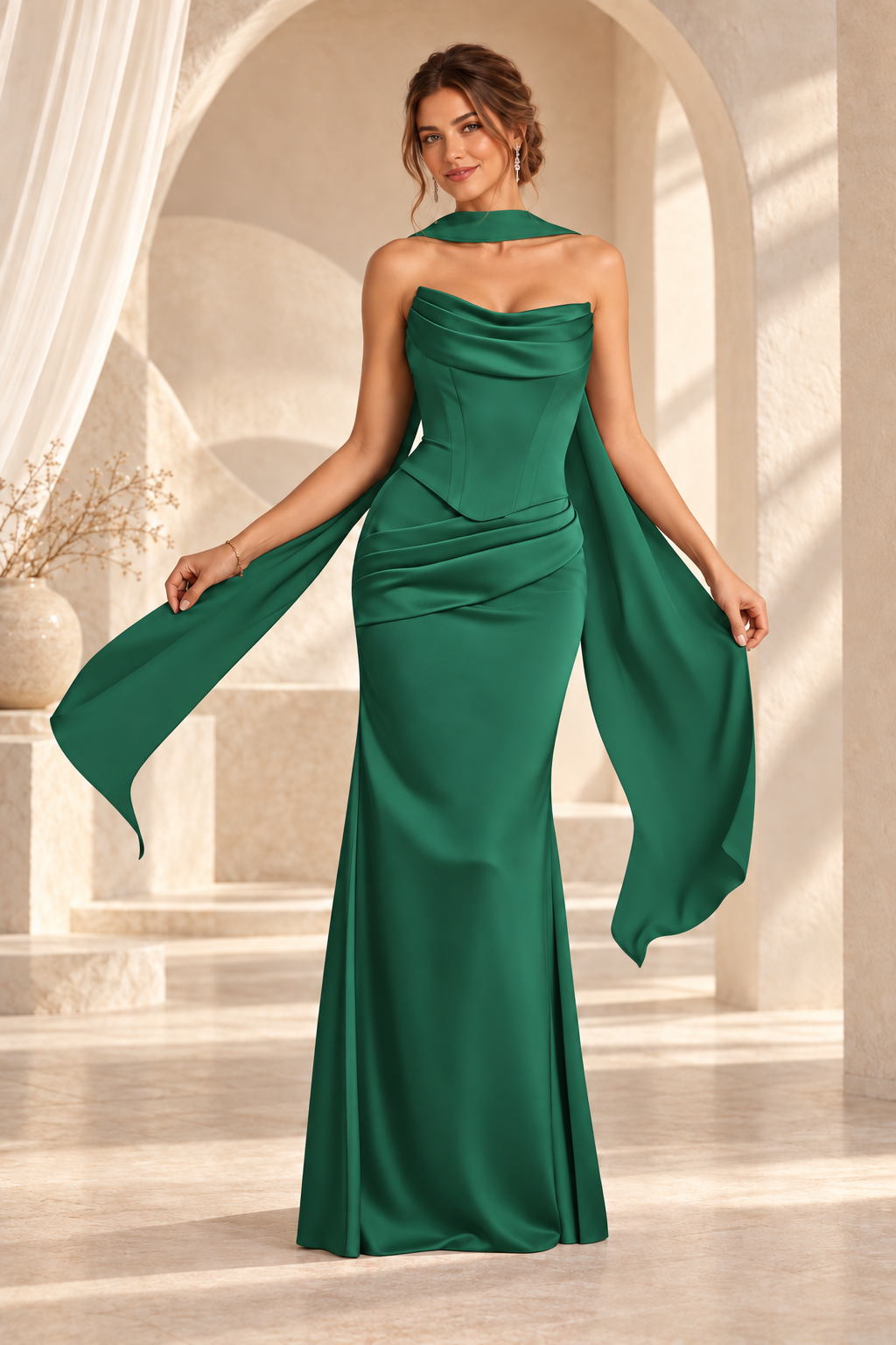 Front view of the emerald green strapless draped floor-length evening gown