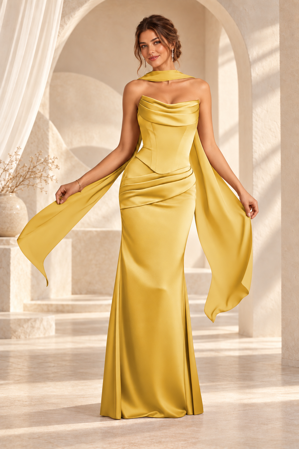 Front view of the gold strapless draped floor-length evening gown