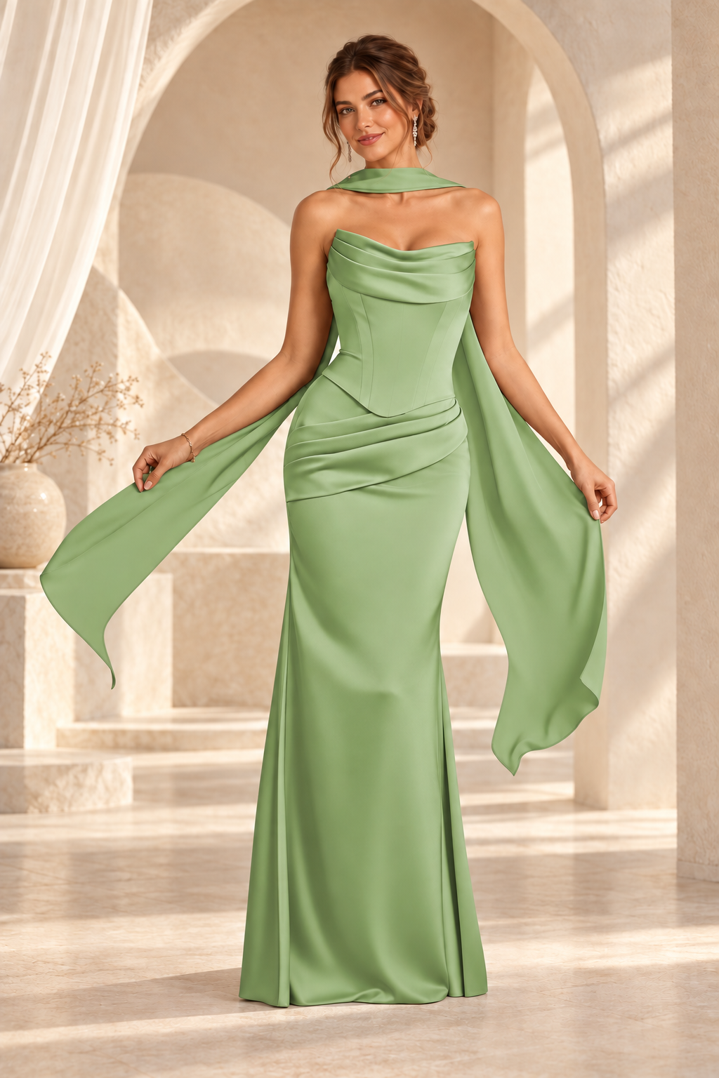 Front view of the light green strapless draped floor-length evening gown