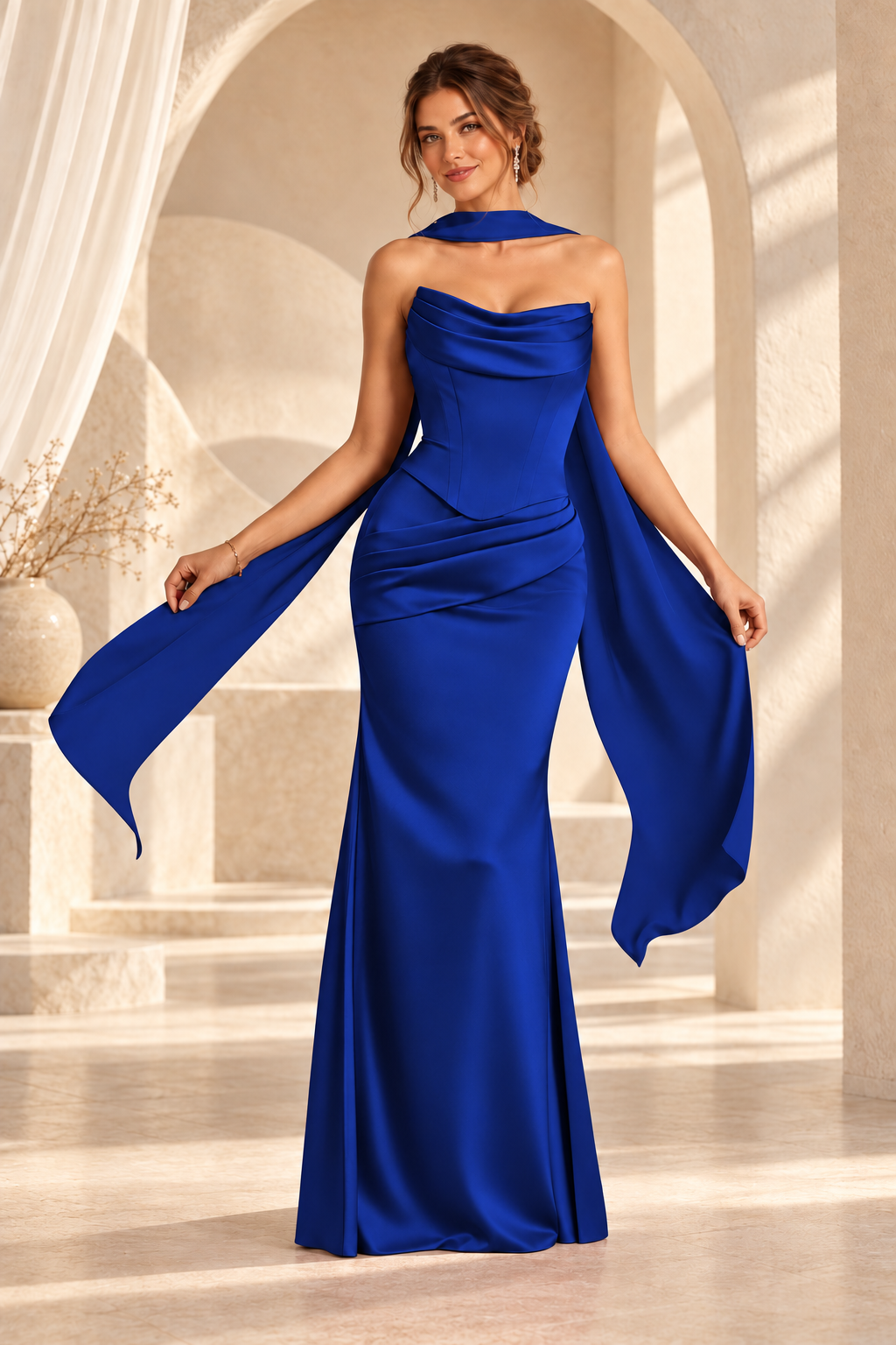 Front view of the royal blue strapless draped floor-length evening gown
