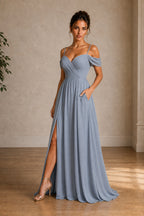 Off-Shoulder Ruched A-Line Evening Gown with Slit