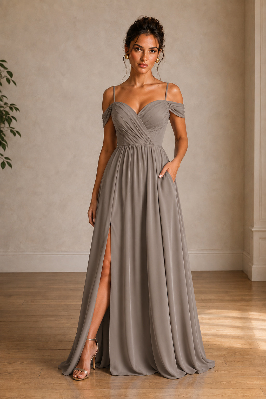 Off-Shoulder Ruched A-Line Evening Gown with Slit
