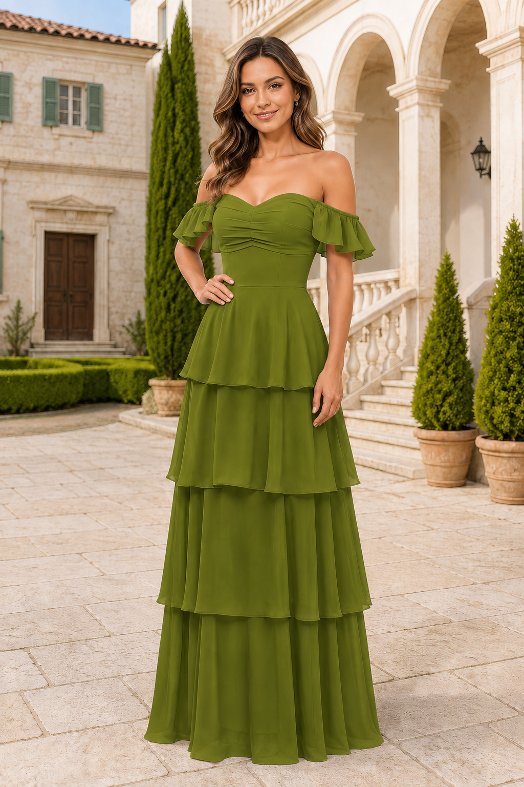 Ruffle-Sleeve Tiered Floor-Length Formal Gown