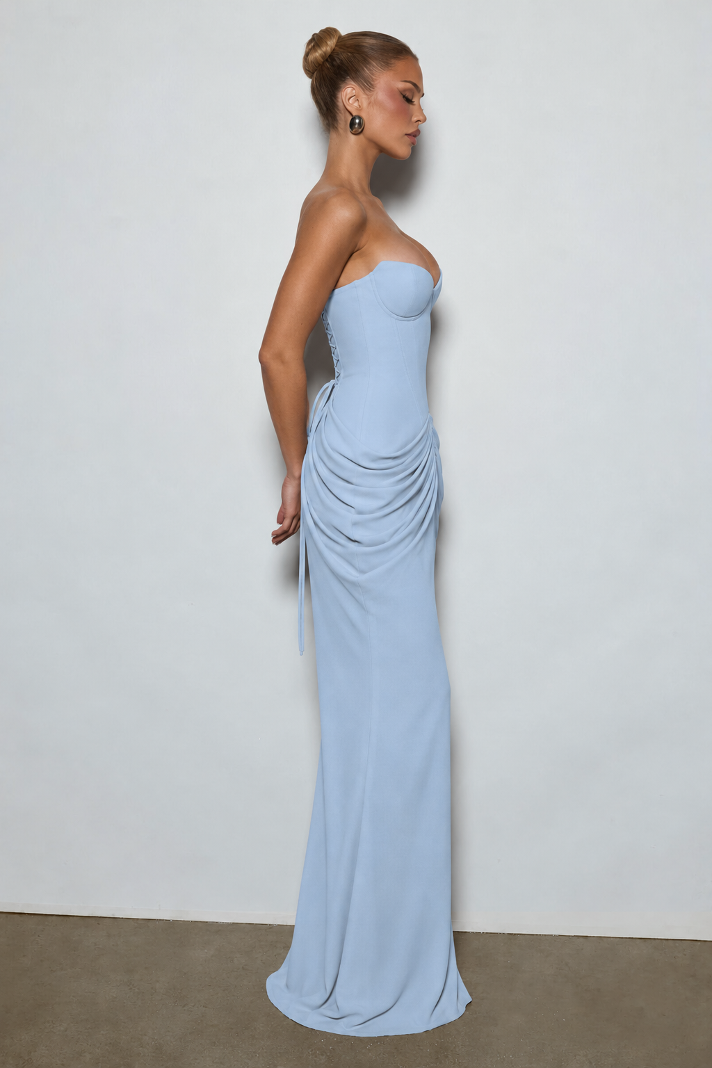 Powder Blue Light Blue Strapless Ruched Mermaid Evening Dress, side view