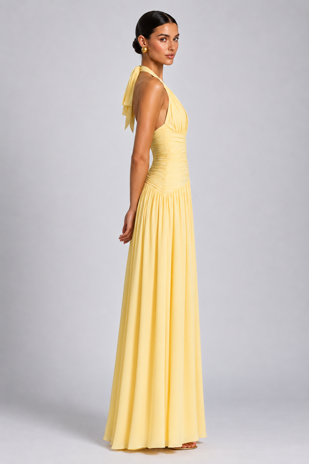 Soft Yellow Deep-V Halter High-Slit A-Line Evening Gown, side view