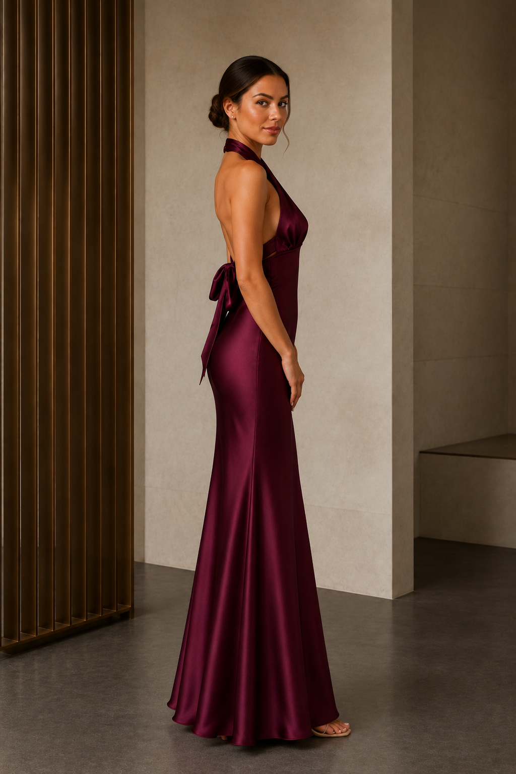 Burgundy Cross-Halter Open-Back Mermaid Evening Gown, side view