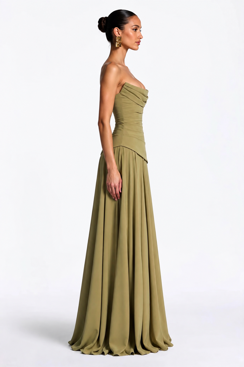 Olive Khaki Scarf-Neck Ruched A-Line Evening Gown, side view