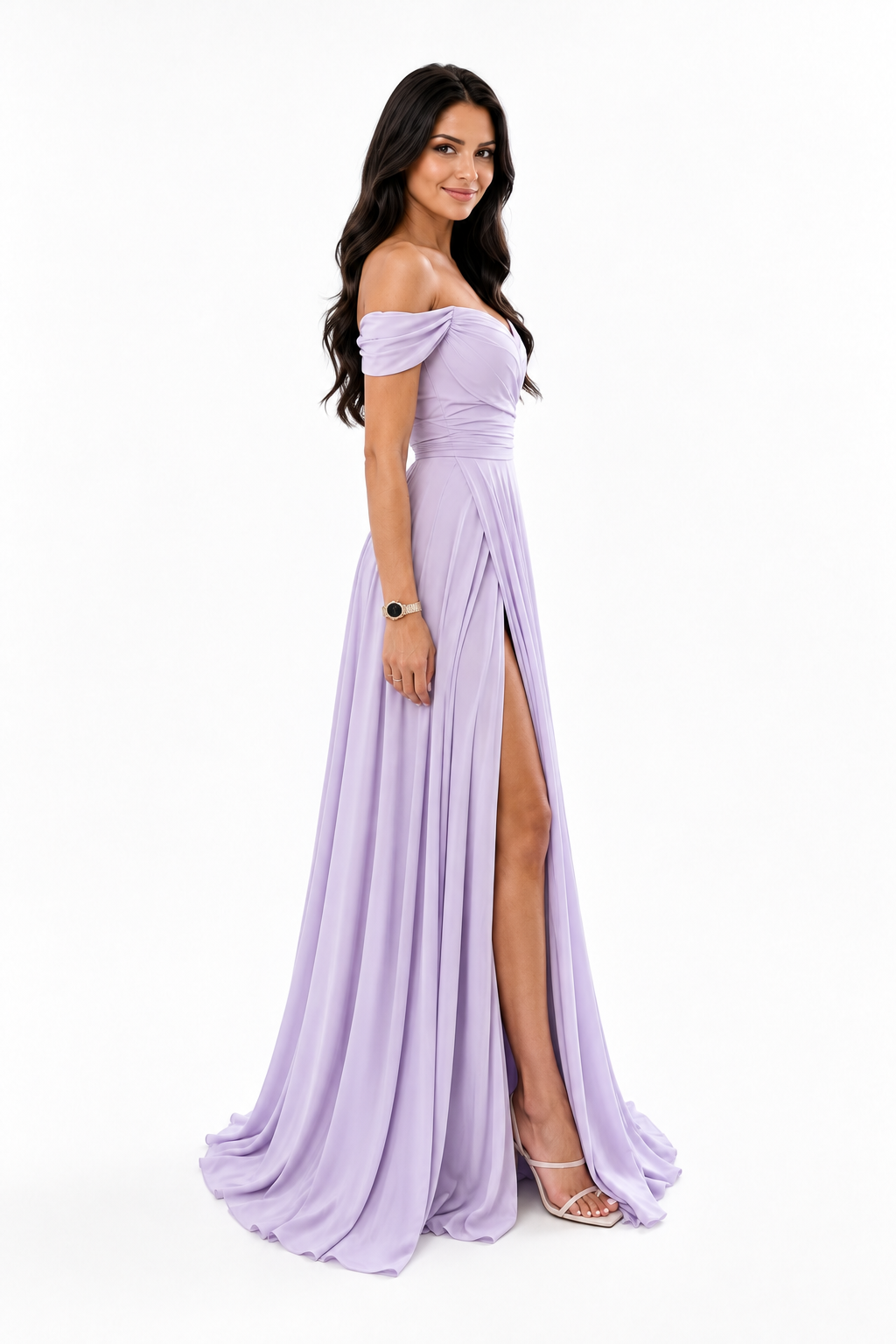 Lavender Off-Shoulder Ruched A-Line Evening Gown with Slit, side view