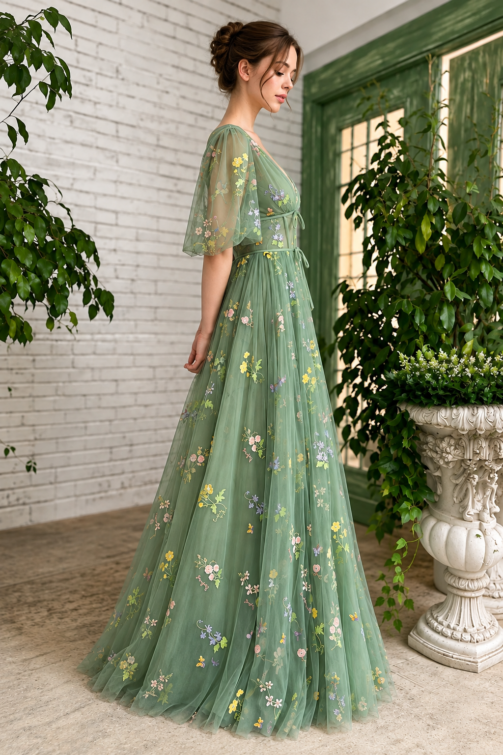 Sage Green Green Short-Sleeve Floral Formal Dress, side view