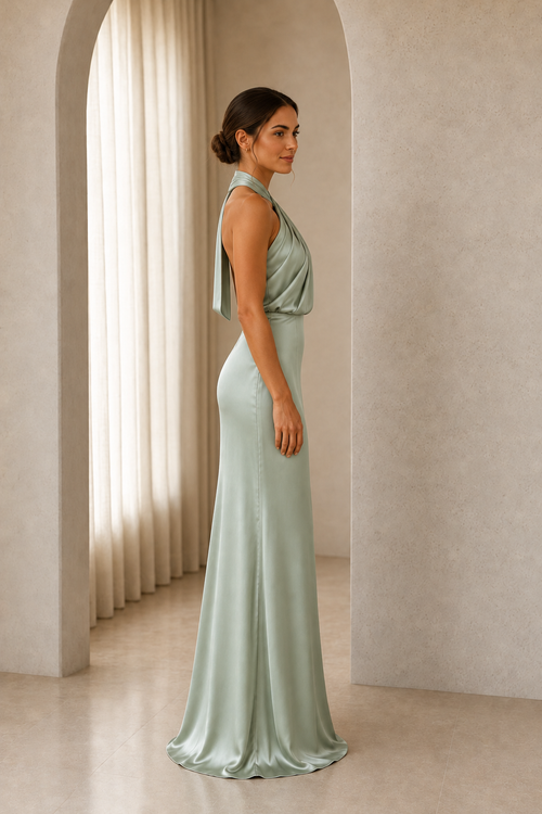 Aqua Blue Asymmetric Draped Halter A-Line Evening Gown, side view