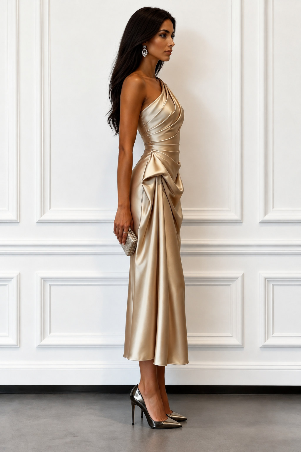 Champagne Gold One-Shoulder Draped Midi Evening Dress, side view