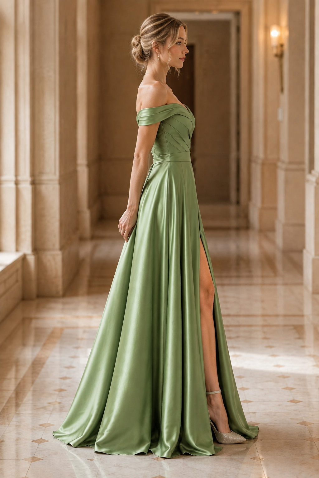 Sage Green Off-Shoulder Pleated Satin A-Line Evening Gown, side view