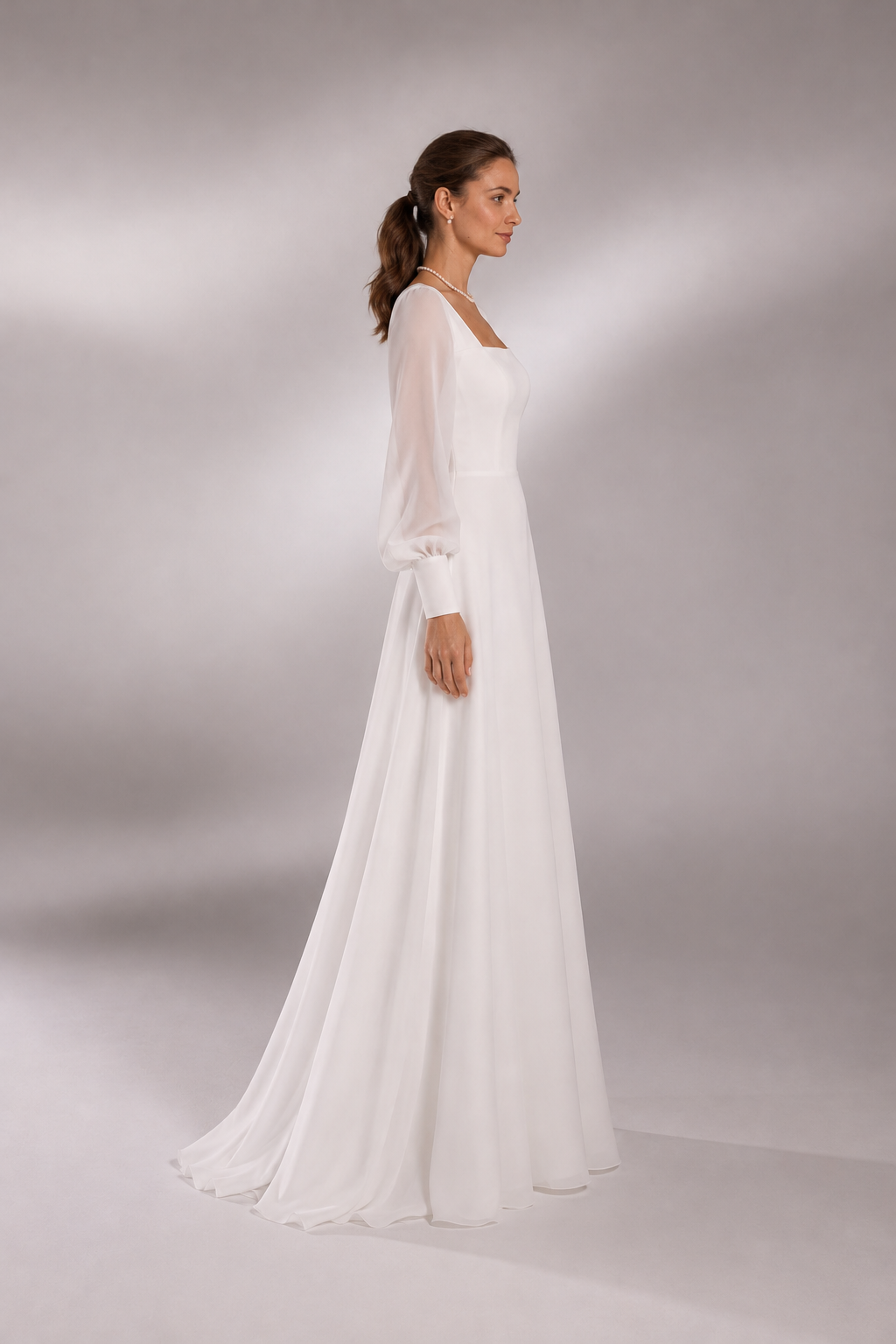 White Square-Neck Sheer-Sleeve Lace-Up Back A-Line Gown, side view