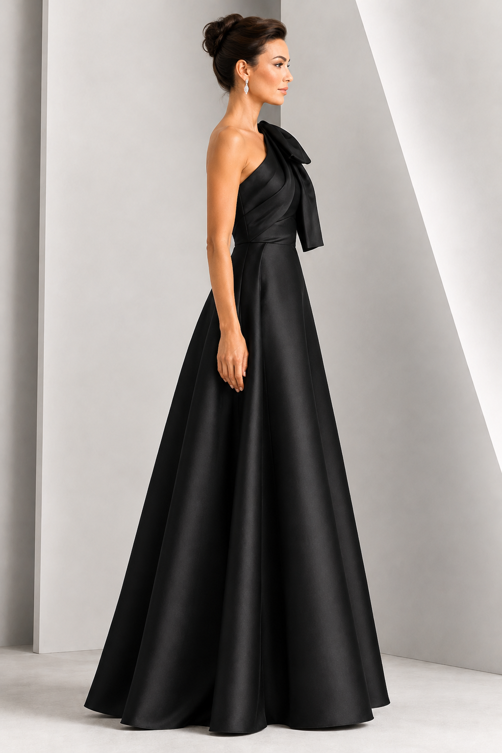 Black One-Shoulder Bow A-Line Evening Gown, side view