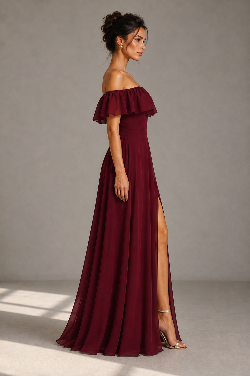 Burgundy Off-Shoulder Ruffle Floor-Length Formal Gown, side view