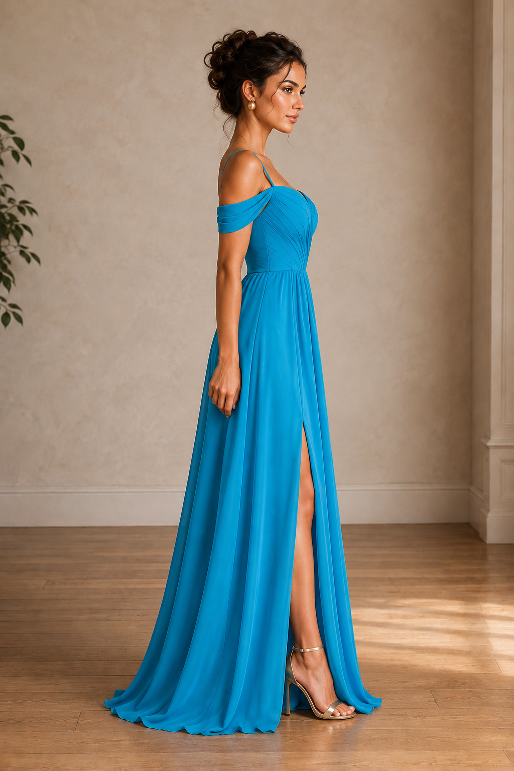 Peacock Blue Off-Shoulder Ruched A-Line Evening Gown with Slit, side view