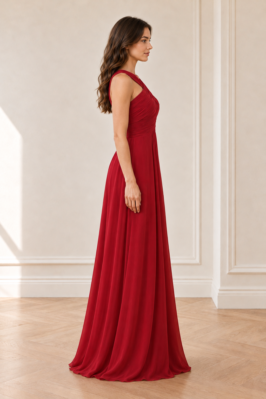 Red Crisscross Ruched A-Line Evening Gown, side view