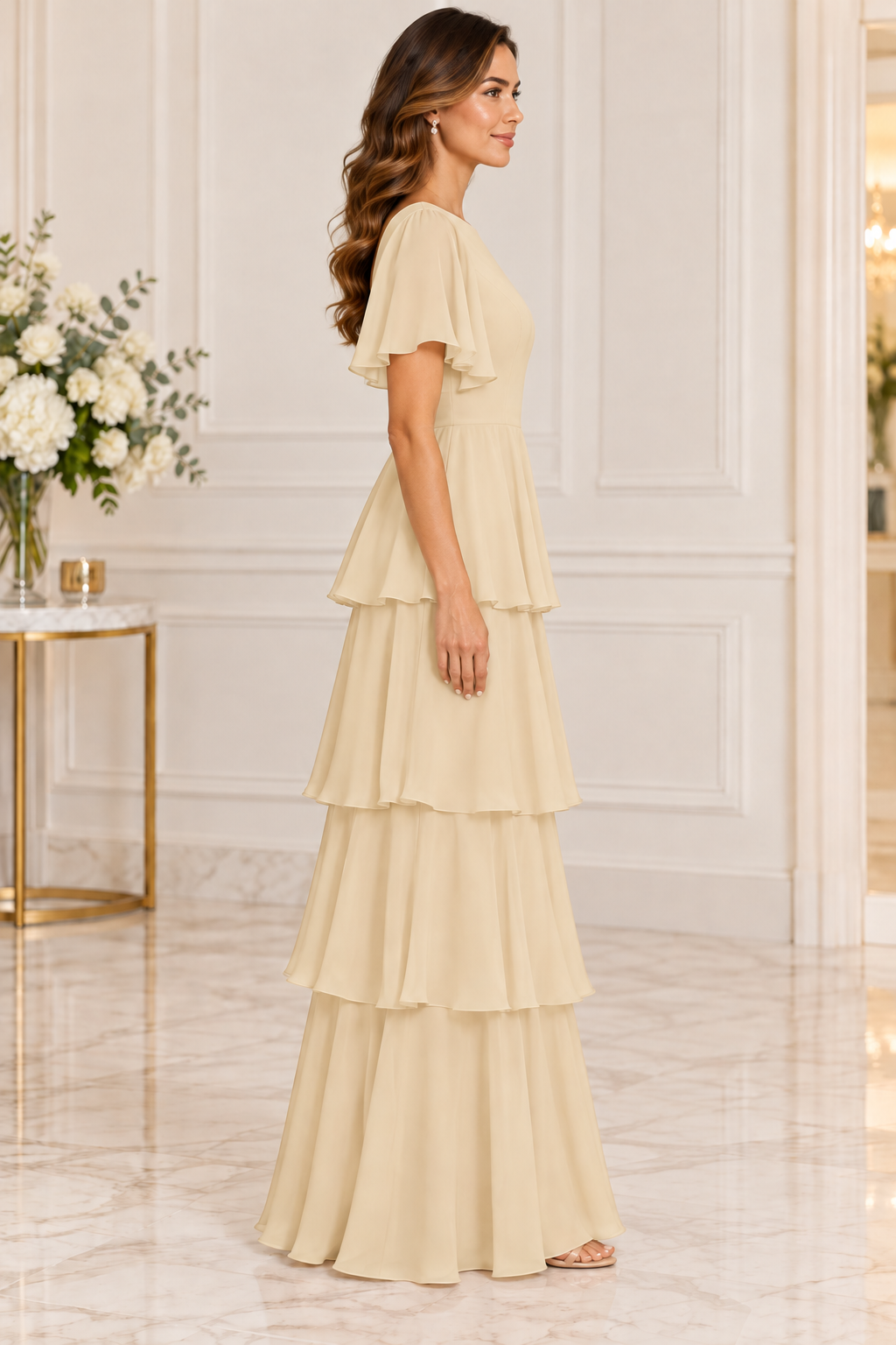 Champagne Flutter Sleeve Tiered Chiffon Formal Dress, side view