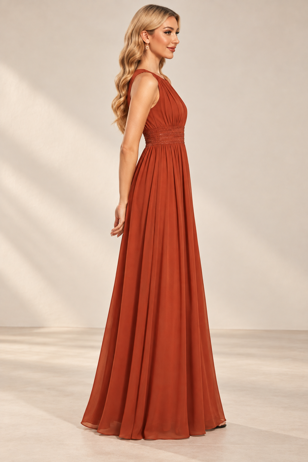 Rust Orange Keyhole Neck Pleated A-Line Evening Gown, side view