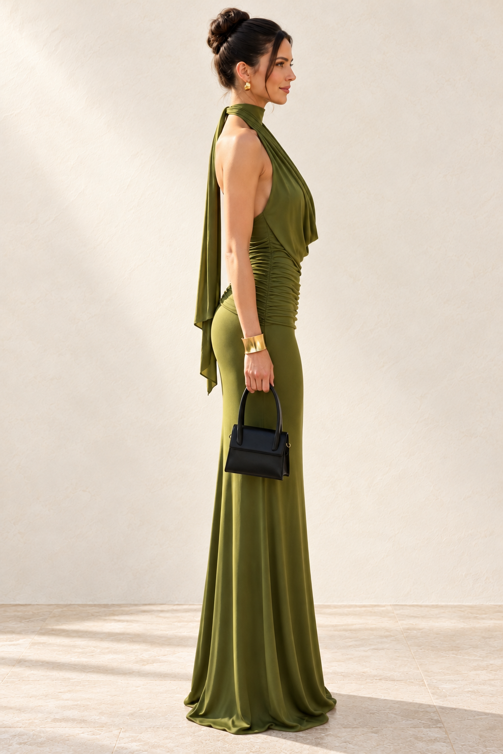 Olive Green High-Neck Draped Ruched Column Evening Gown, side view