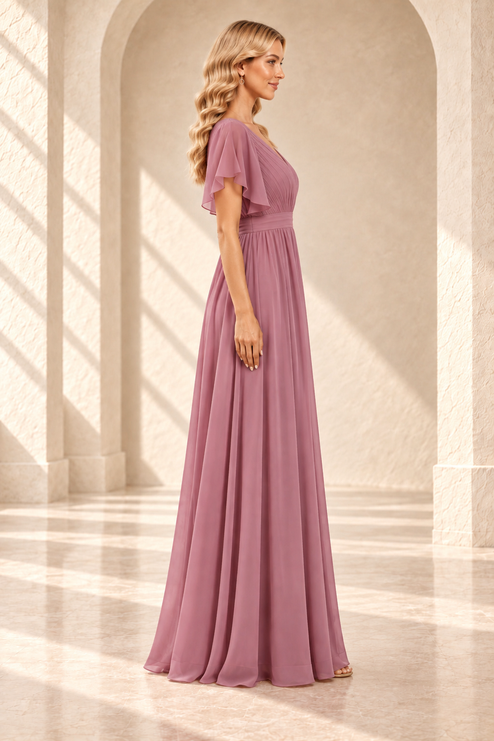 V-Neck Pleated Flutter-Sleeve A-Line Evening Gown