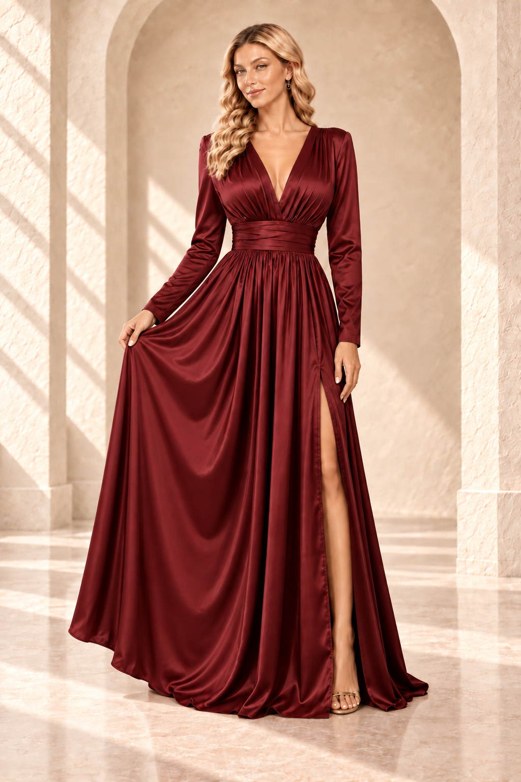 Burgundy A-line evening gown shown with the skirt gently held to display its folds and front slit.