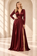 Burgundy V-neck long-sleeve evening gown with a ruched waist and flowing A-line skirt, front view.