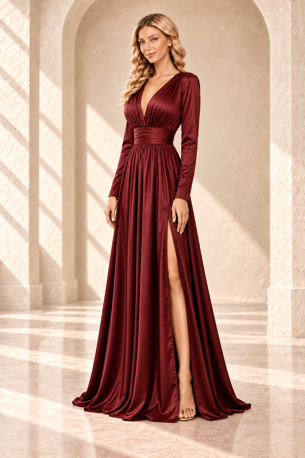 Three-quarter view of a burgundy long-sleeve V-neck gown with a gathered bodice and ruched waist.