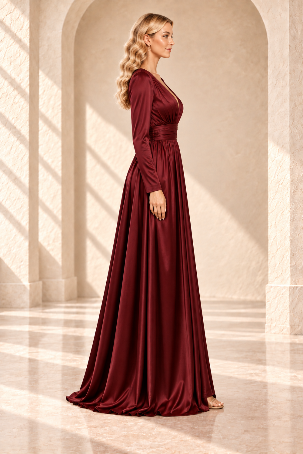 V-Neck Long-Sleeve Ruched A-Line Evening Gown
