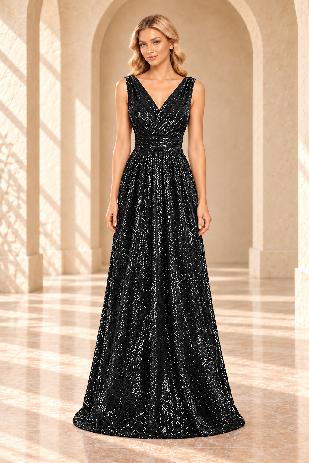 Front view of a black sequin evening gown with a crossover V-neck, ruched waist, and floor-length A-line skirt.