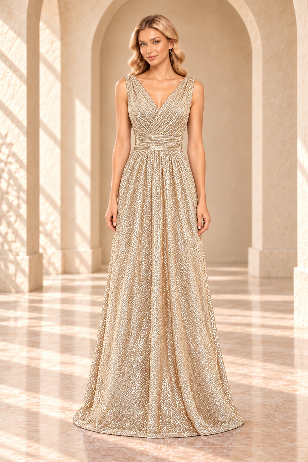 Front view of a champagne sequin evening gown with a crossover V-neck, ruched waist, and floor-length A-line skirt.