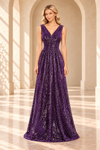 Front view of a purple sequin evening gown with a crossover V-neck, ruched waist, and floor-length A-line skirt.
