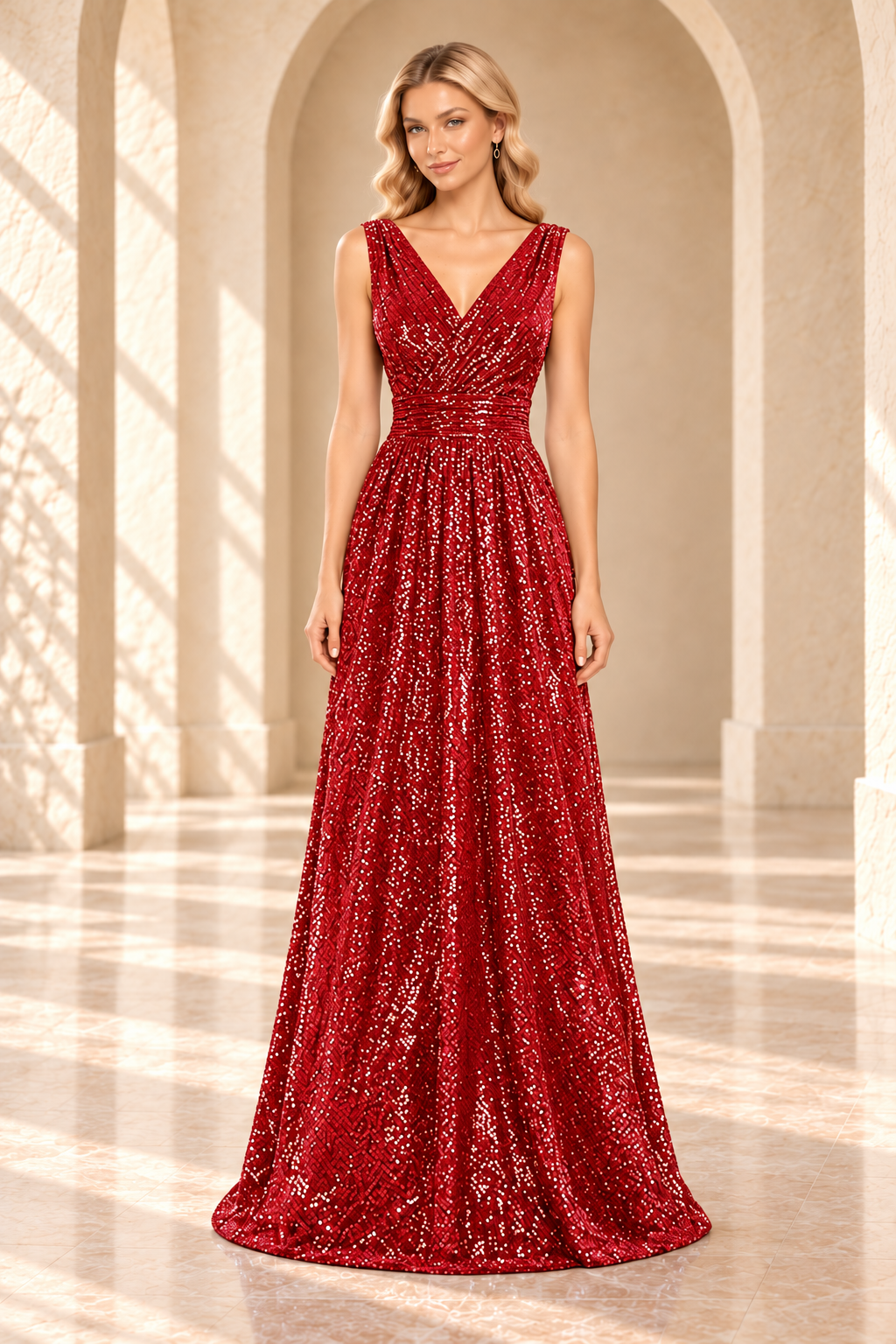 Front view of a red sequin evening gown with a crossover V-neck, ruched waist, and floor-length A-line skirt.