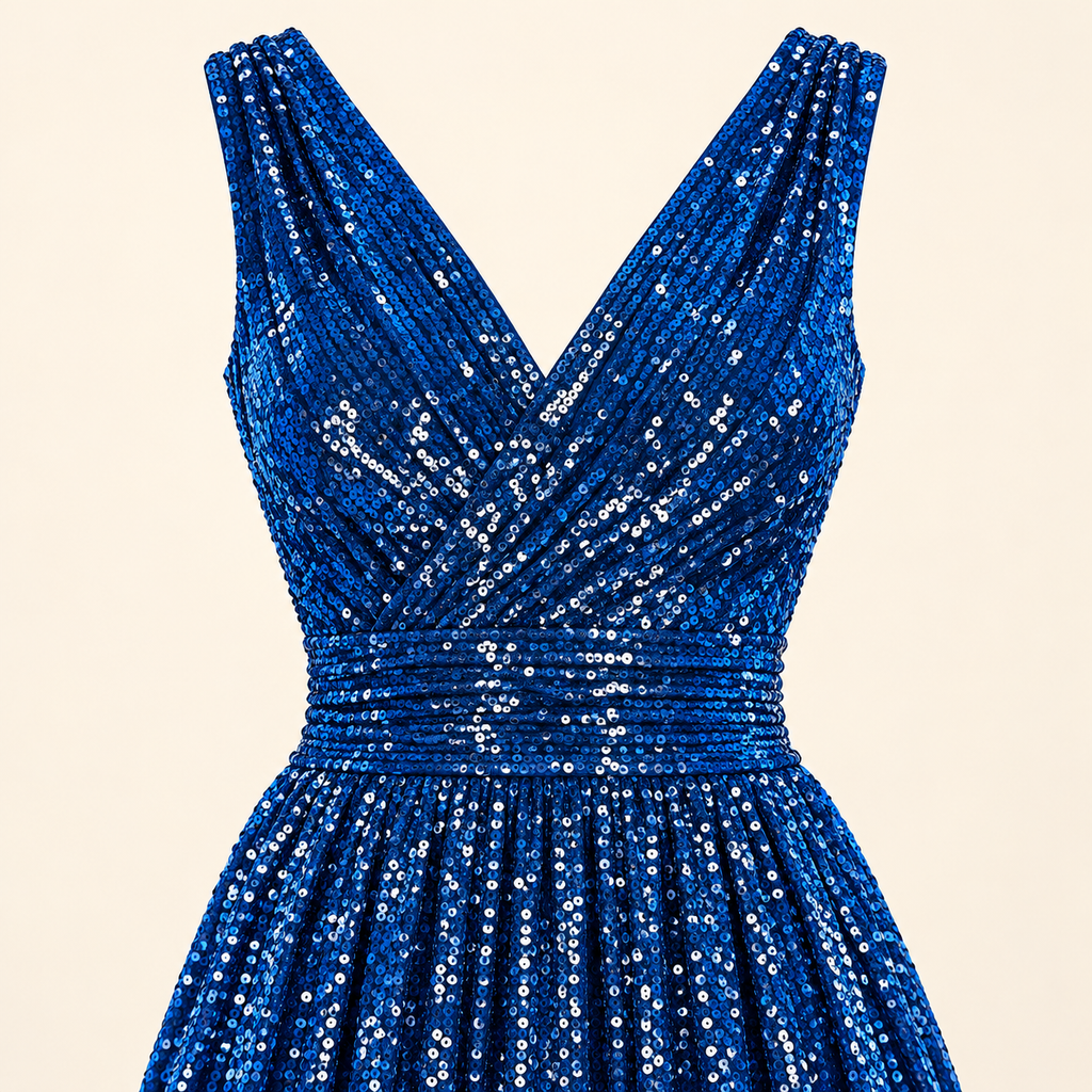 Garment-only front detail of the royal blue MX340 gown showing its crossover V-neck and diagonal bodice folds.
